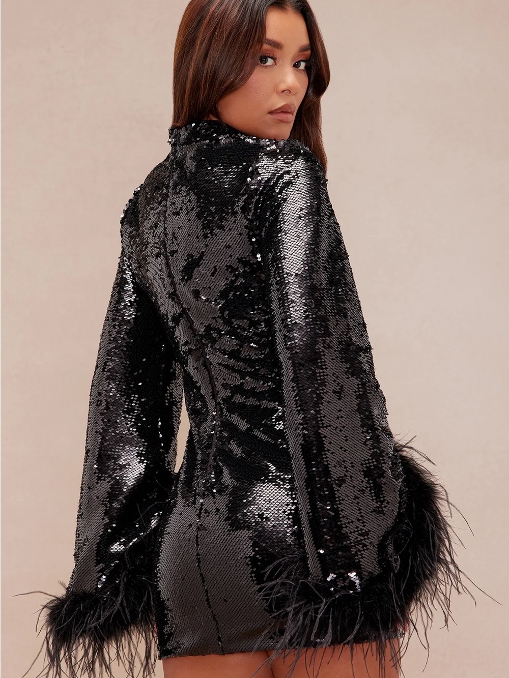 Black Sequin Feather Cuff Mini Dress - Picture 4 of 8